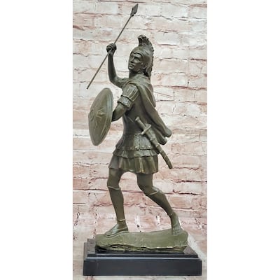 Roman Or Greek Soldier Bronze Sculpture With Spear And Shield On Marble Base