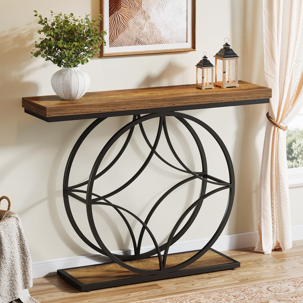 47" Console Table, Narrow 2-Tier Sofa Table with Geometric Metal Frame, Rustic Brown