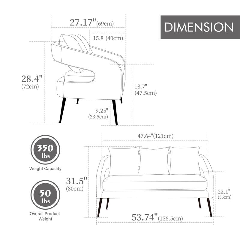 53.7" W Loveseat Sofa,Modern Velvet Sofa Couch with Pillows and Metal Legs