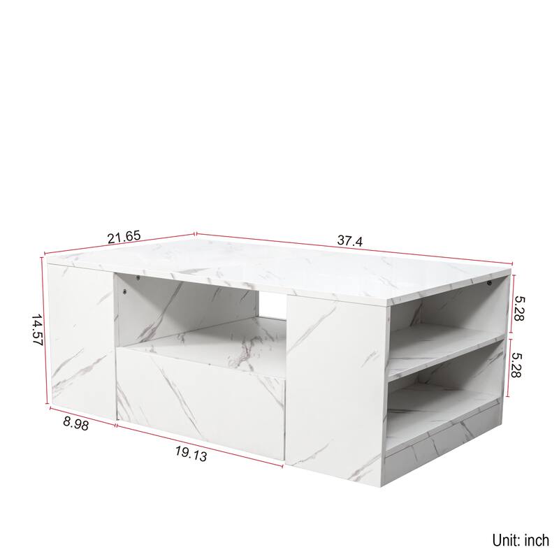 14.57" High LED Coffee Table ,Modern Coffee Tables Center Storage Table with 2 Drawers and Open Side Shelf