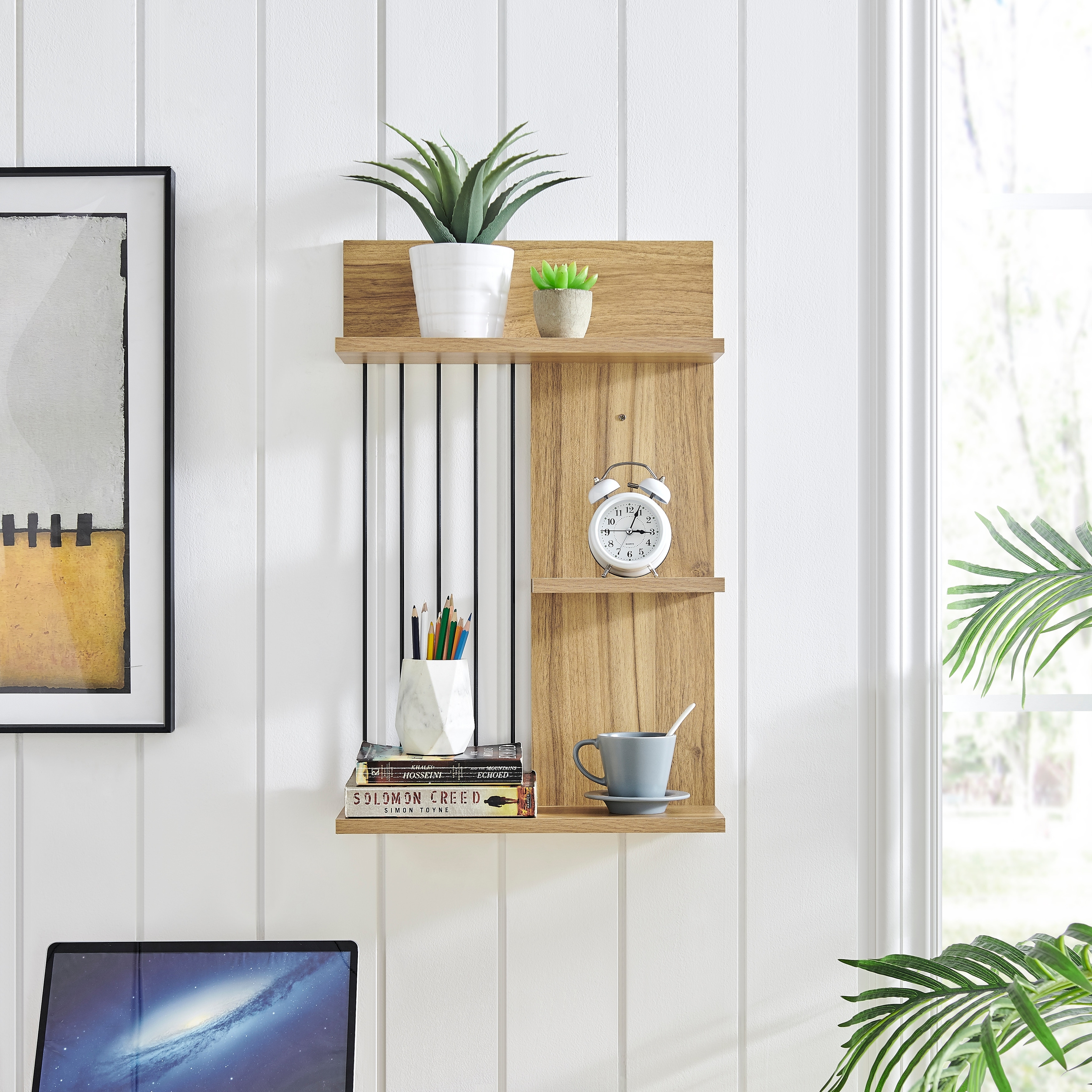 Danya B Two-Tier Ledge Shelf Wall Organizer with Five Hanging Hooks - White, Size: 16 inch x 29 inch