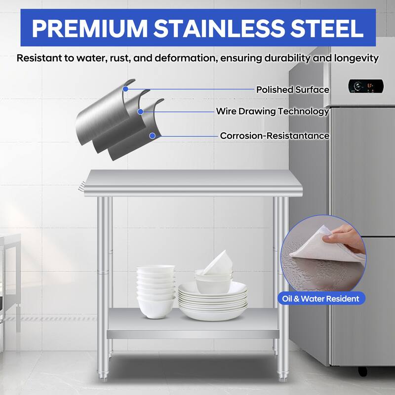 Double Layered Stainless Steel Work Table, Curved Edge Workbench with hooks