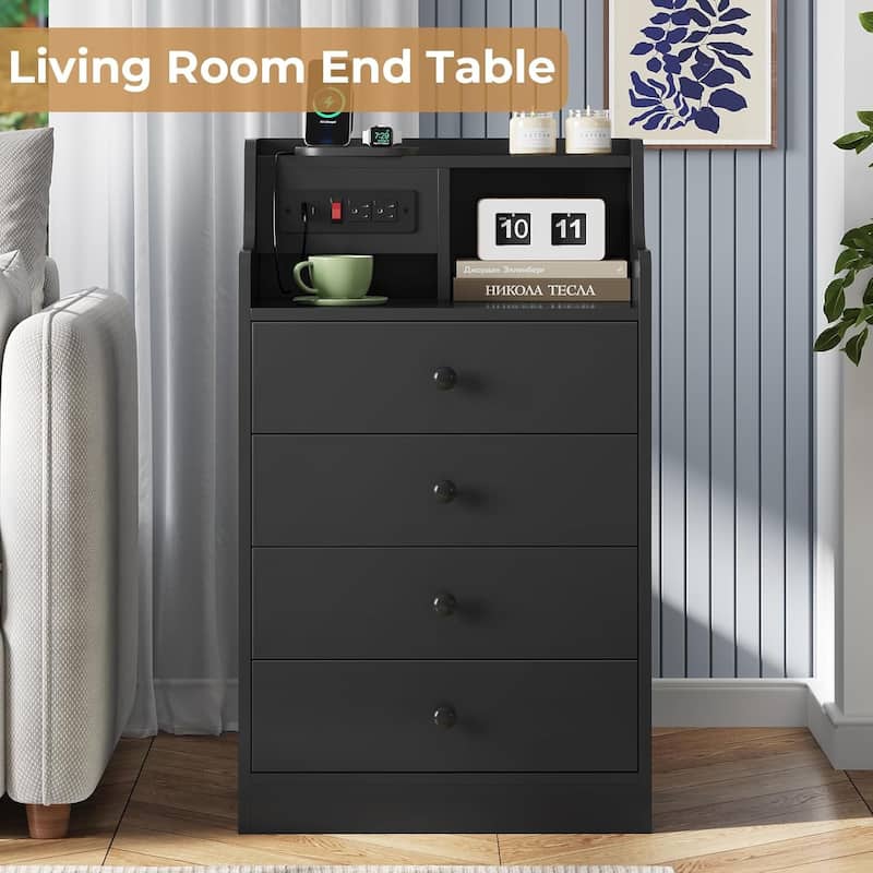 Nightstand with Drawers Charging Station End Side Table with Hutch