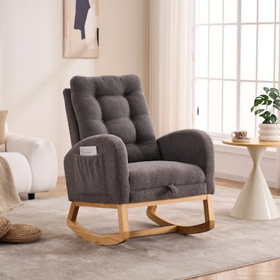 Accent Rocking Chair with Footrest High Back Rubber Wood Rocking Legs Bedroom Living Space