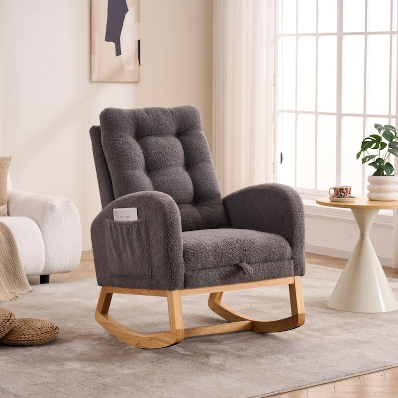 Upholstered Rocking Chair with Footrest & Thick Cushioned, Accent Chair Lounge Chair with Side Storage Pocket