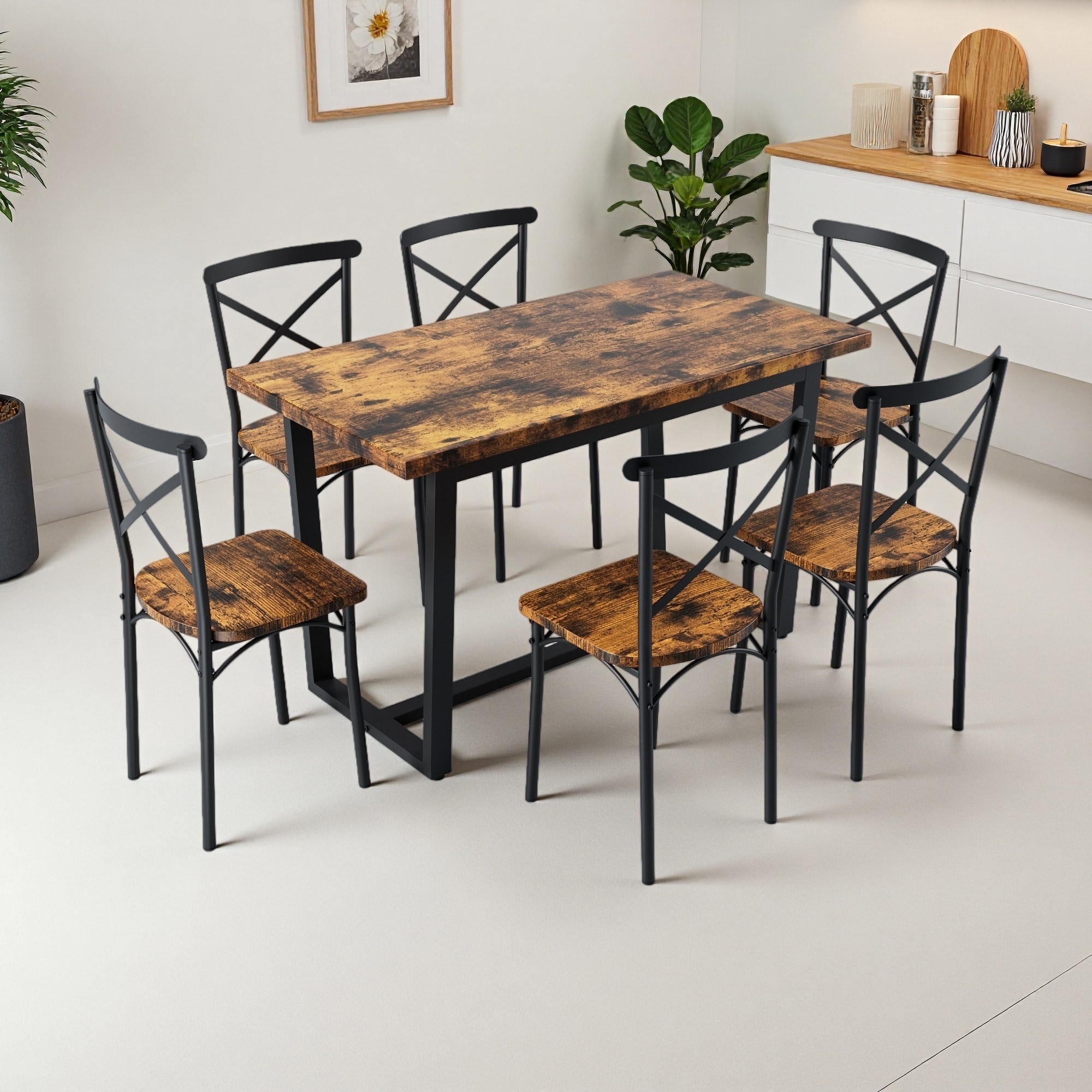 Set of 7 MDF and Metal 52" Dining Set with 4 Chairs, Industrial Style, Space-Saving Design, Easy Assembly