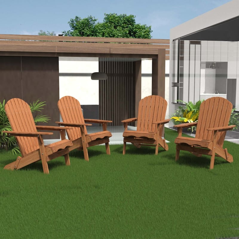 Set of 4 Outdoor Garden Solid Wood Folding Lounge Adirondack Chairs - Natural Brown