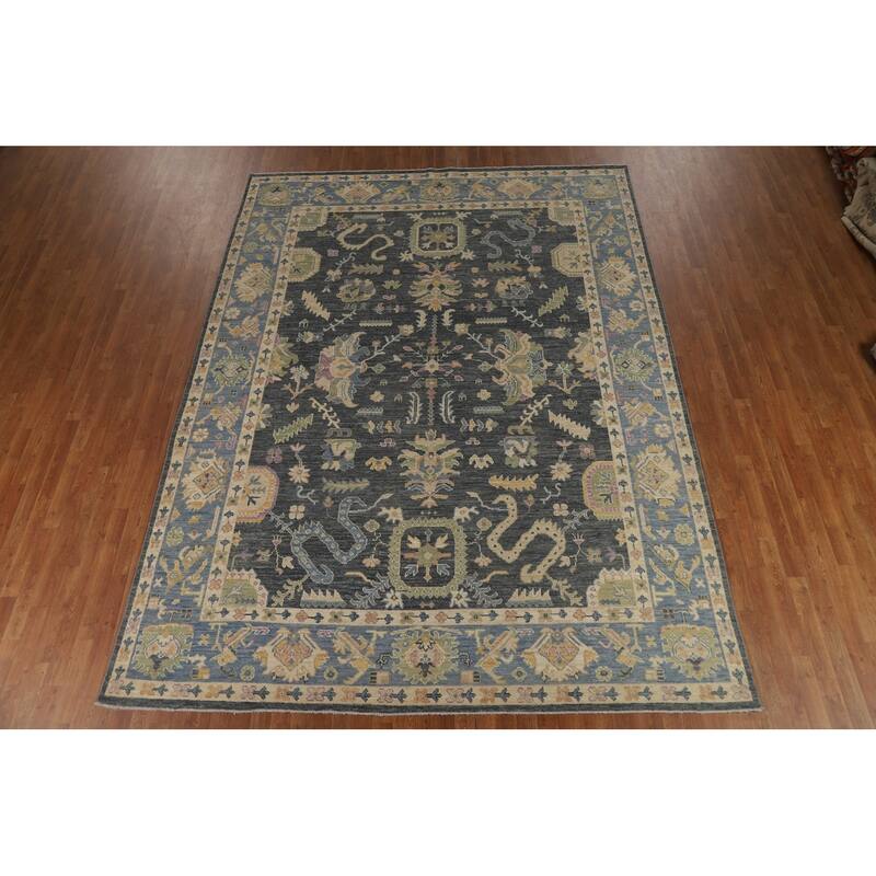 Vegetable Dye Floral Oushak Turkish Rug Hand-Knotted Grey Wool Carpet - 8'10" x 11'9"