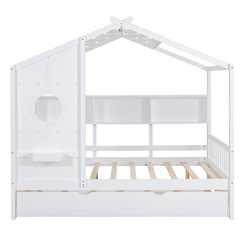 Wooden House Bed With Trundle,Modern Design for Kids with Storage Shlef