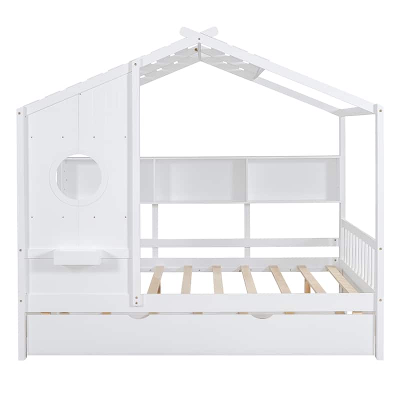 Wooden House Bed with Trundle with Built-In Storage Shelves by Harper&Bright Designs