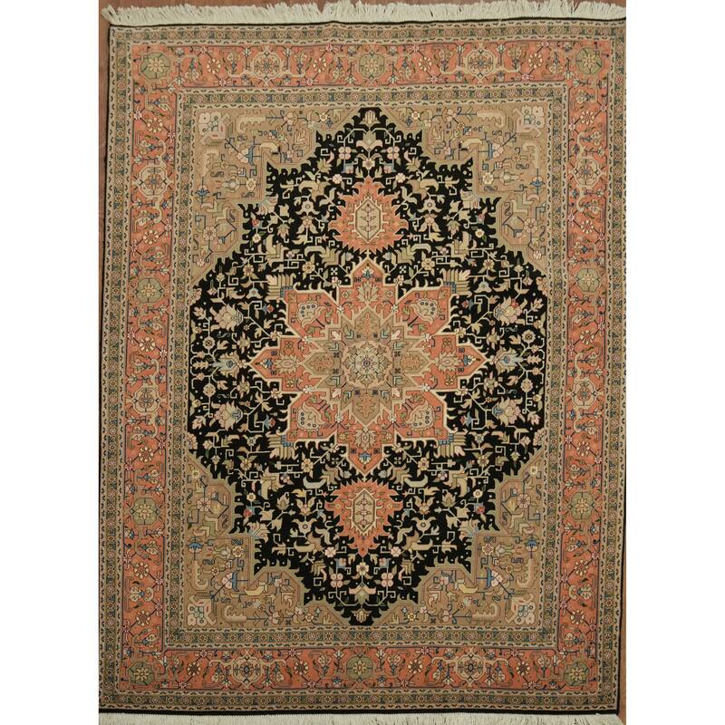 Hand Knotted Oriental Wool & Silk Carpet Traditional Geometric Navy Blue & Blues Tabriz Area Rug - 7' 0'' X 5' 1''