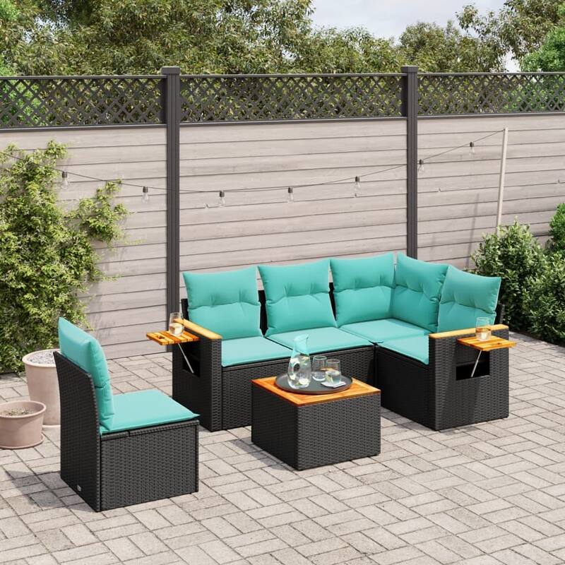vidaXL 6 Piece Patio Sofa Set with Cushions Black Poly Rattan (US only) - 24.4 x 24.4 x 27.2