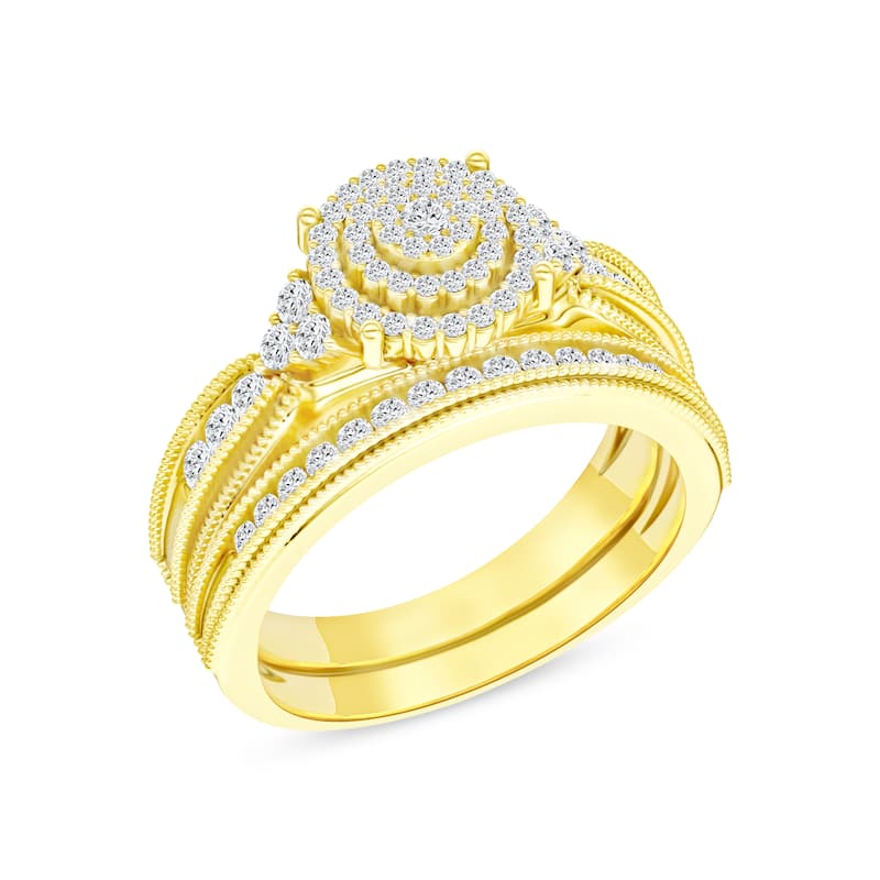 1/2ct TDW Diamond Cluster Halo Bridal Set in 14K Yellow Gold for Women