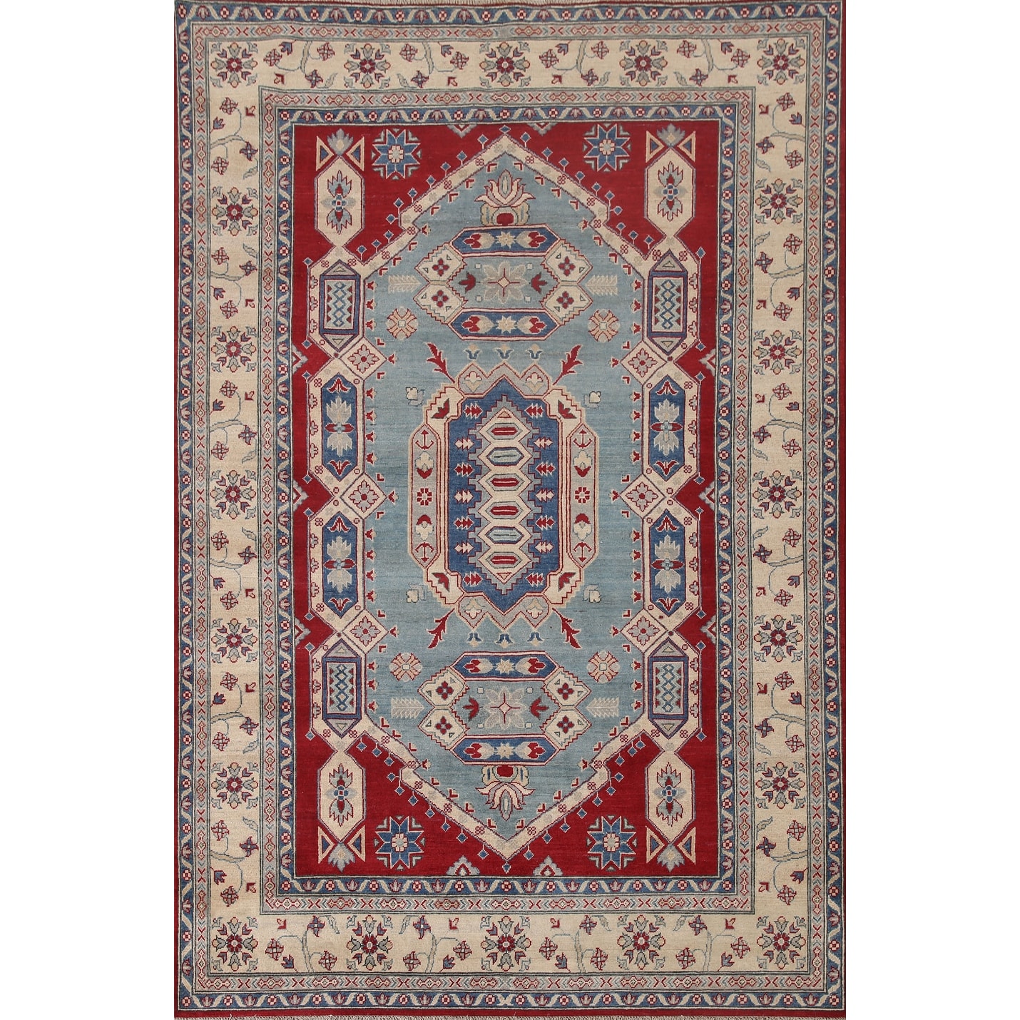 Hand Knotted Oriental 100% Wool Carpet Traditional Geometric Navy Blue & Blues Kazak Area Rug - 9' 6'' X 6' 8''