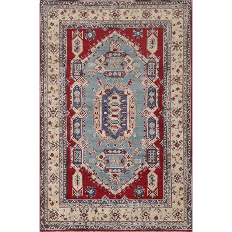 Hand Knotted Oriental 100% Wool Carpet Traditional Geometric Navy Blue & Blues Kazak Area Rug - 9' 6'' X 6' 8''