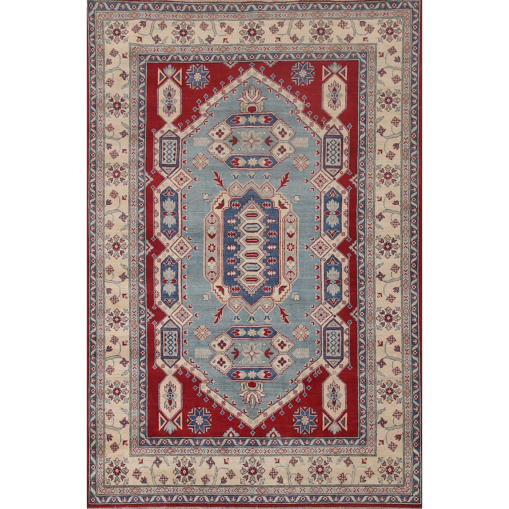Hand Knotted Oriental 100% Wool Carpet Traditional Geometric Navy Blue & Blues Kazak Area Rug - 9' 6'' X 6' 8''