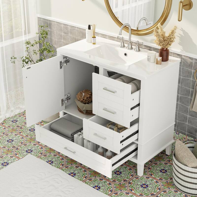 Simple Freestanding Bathroom Vanity Storage Cabinet with 3 Drawers of Different Sizes, Soft Close Door and Metal Handles