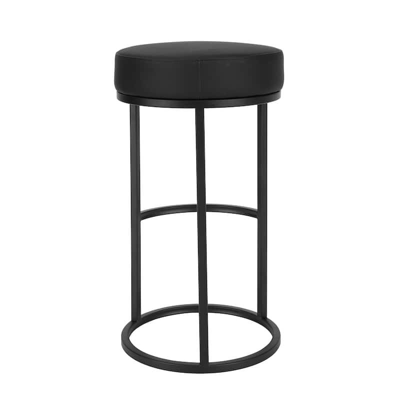 Tane 30 Inch Barstool, Round Black Faux Leather Padded Seat, Black Metal
