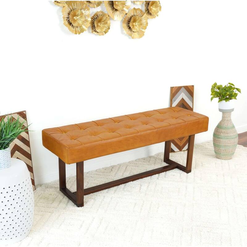 GDFStudio - Cameron Modern Mid-Century 51" Genuine Leather Bench with Solid Wood Frame for Living Room, Bedroom & Entryway