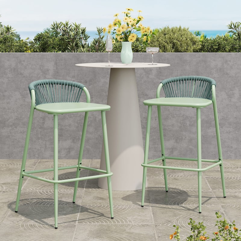 Christopher Knight Home - Samantha Durable Outdoor Barstools with Rope-Woven Backrest, Set of 2 - Sage
