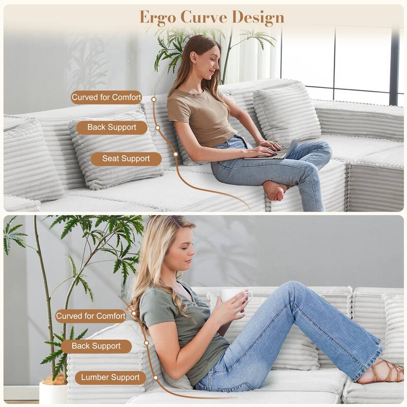 L-Shaped Modular Sectional Sofa with Ottoman, Striped Corduroy Deep Seat Cloud Couch, Compressed 3-Seat Sofa for Home, Apartment