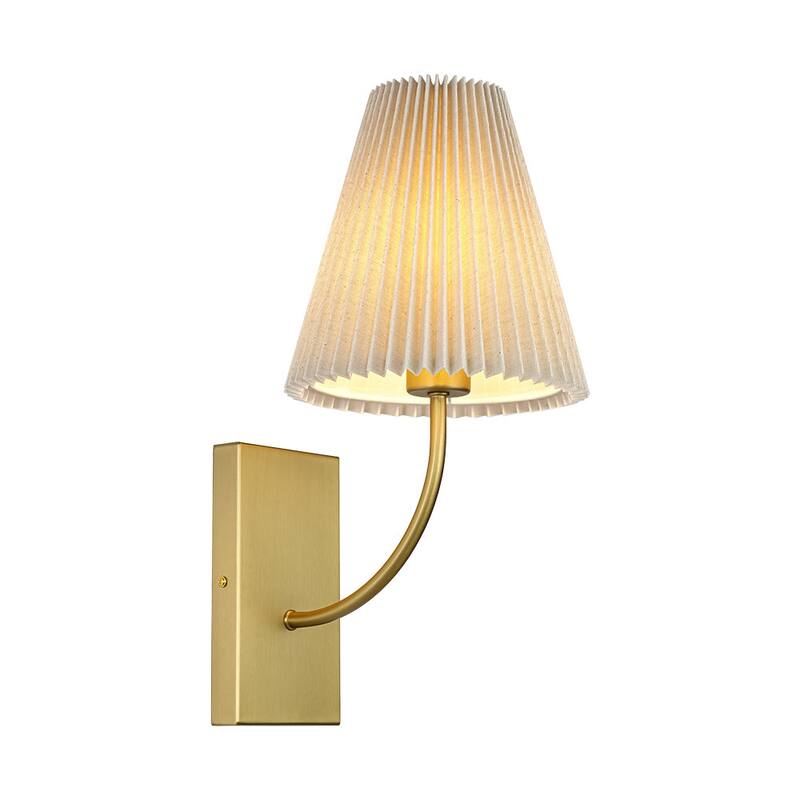 Mid-Century 1-Light Pleated Ivory Fabric Armed Wall Sconce