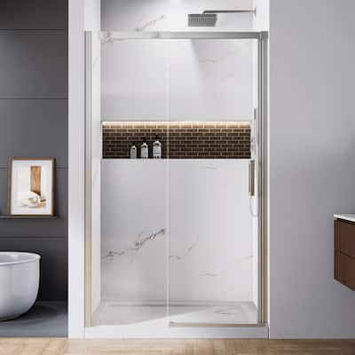 48" x 74" Glass Shower Door Framed Sliding Adjustable Brushed Nickel Clear Shower Enclosure with Hardware Kit