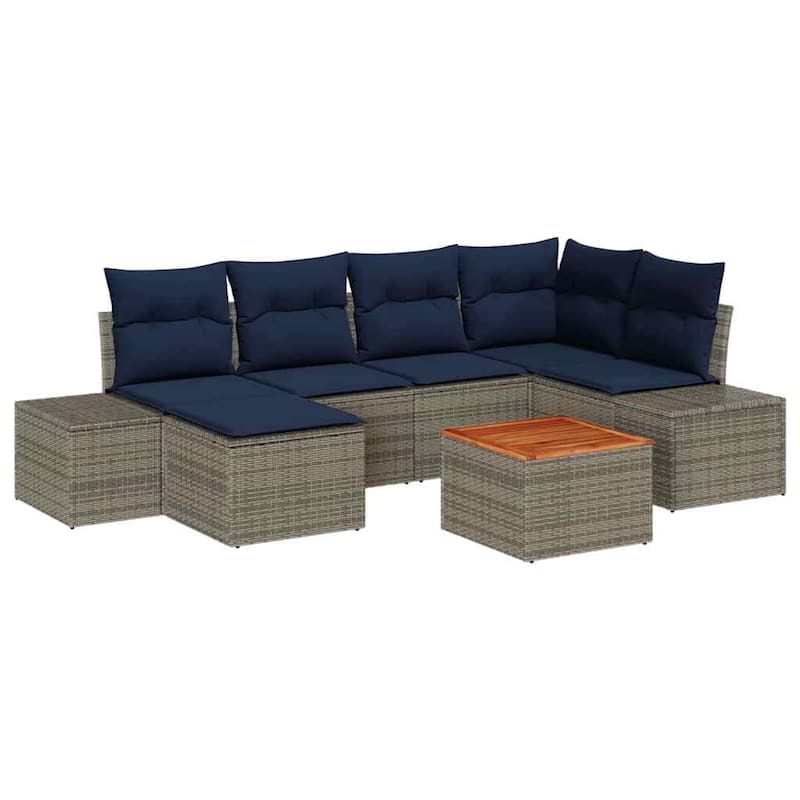 vidaXL 7 Garden Sofa Set with Cushions Black/Grey Poly Rattan - 103.9 x 60.6 x 27.2