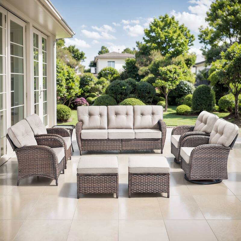 TWrap 8-Piece Patio Brown Wicker Sofa Conversation Set with 5-Inch Thick Cushions - Brown/Beige - 8-Piece