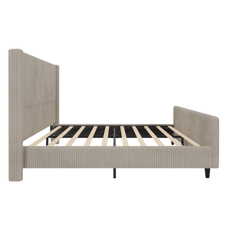 King Size Corduroy Upholstered Platform Bed with Vertical Stripe Wingback and High Footboard