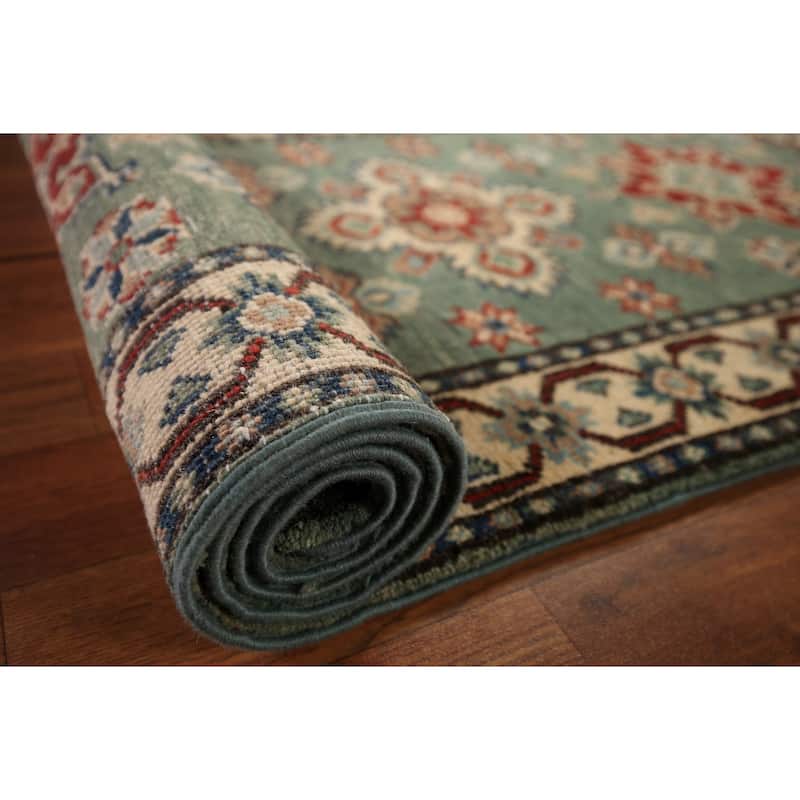 Green Geometric Kazak Oriental Runner Rug Handmade Wool Carpet - 2'2" x 5'11"