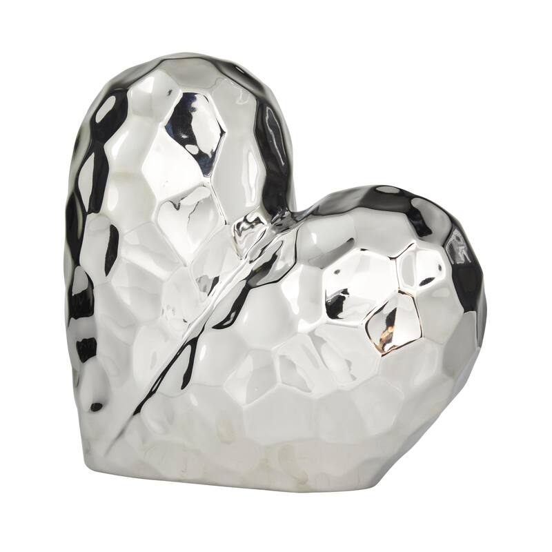 Porcelain Ceramic Heart Dimensional Angled Origami Inspired Sculpture - Gold, Silver, White or Black - Roche River Decor - Silver - 12"W, 11"H