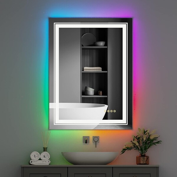 Wall Bathroom Mirror Frameless 8 Color RGB Backlit 3 Front Lighted for Small Medium Extra Large Oversized Mirrors