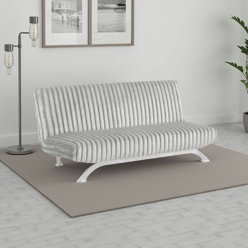 Villy Futon Sofa Bed, Chrome Metal Legs, Gray Channel Tufted Fabric