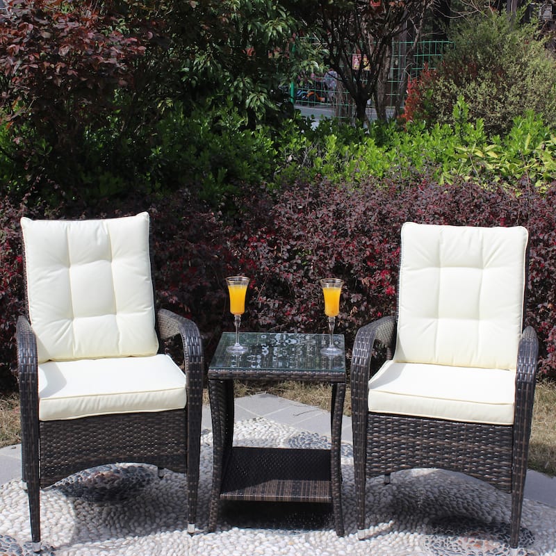 3-piece Outdoor Patio Conversation Seating Furniture Set with Cushions and Tempered Glass Top Table