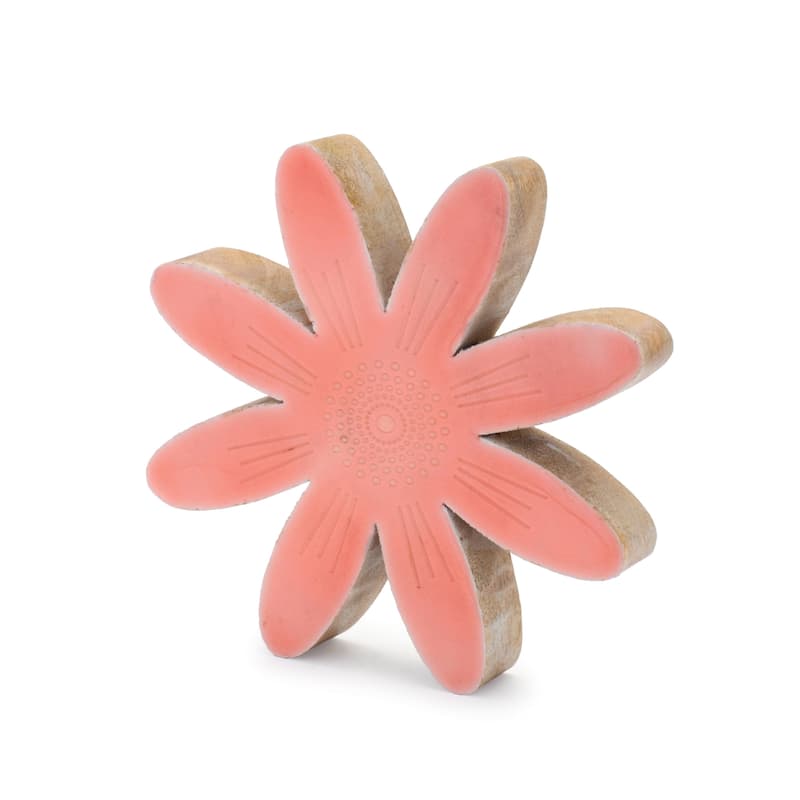 HomeRoots Set of Two Pink Wood Flowers Tabletop Sculptures - 7.50 in. x 7.50 in. x 1.00 in.