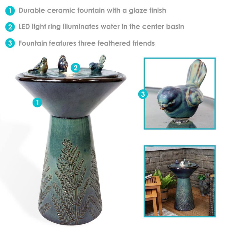 Sunnydaze Gathering Birds Ceramic Outdoor Fountain with LED Lights - 28.25-Inch