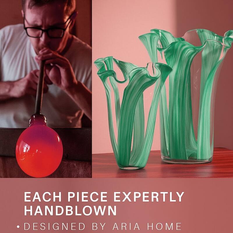 Green Set of 2 Striped Handblown Glass Vases with Broad Rim and Ruffle