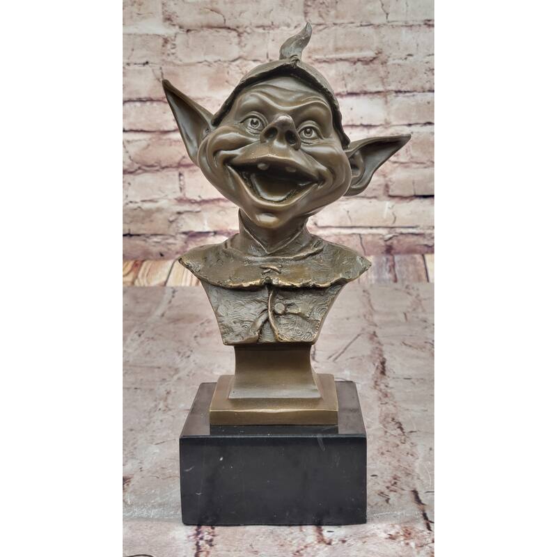 Whimsical Bronze Goblin Bust – Playful Fantasy Sculpture On Marble Base