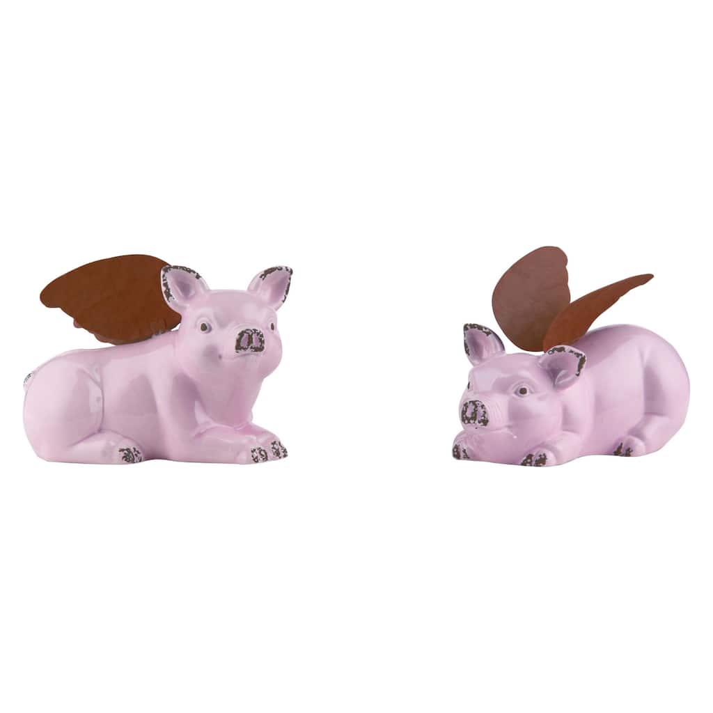 Transpac Medium Size Pink Ceramic Flying Piggies with Wings Home Decorations Set of 2, 4.0in H Spring Home Decorations