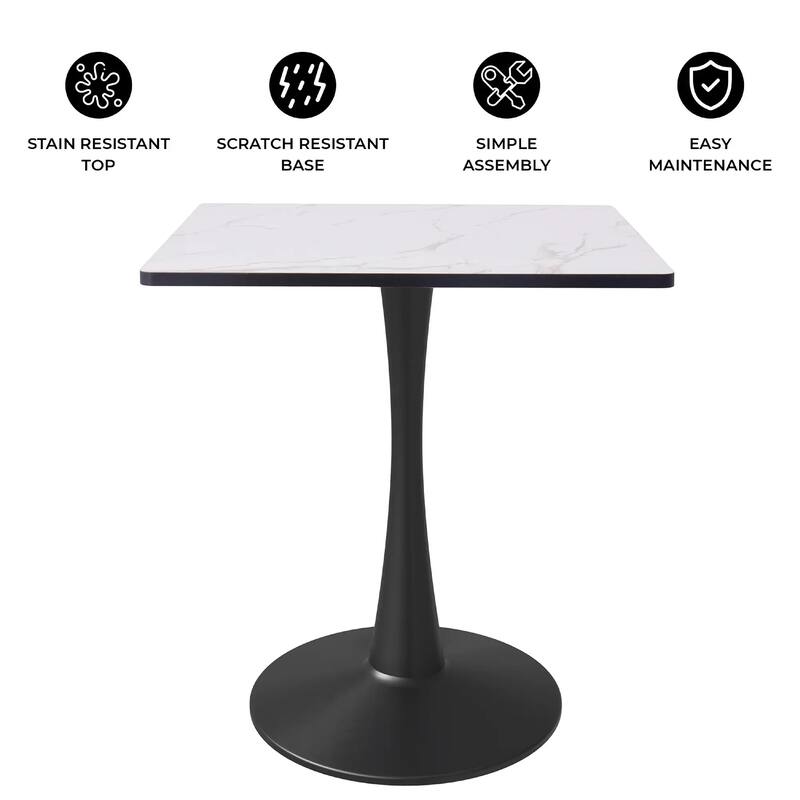 Bristol Square Dining Table with Marble White MDF Top and Black Steel Pedestal Base