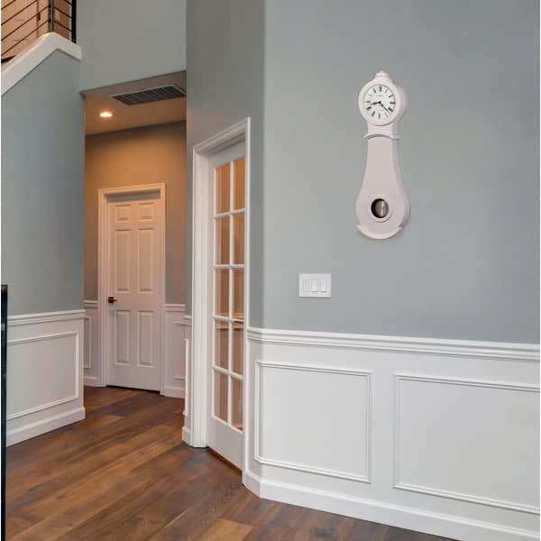 slide 2 of 2, Howard Miller Torrence 91st Anniversary Elegant, Vintage, Curvaceous and Farmhouse Chic, Chiming Wall Clock with Pendulum White