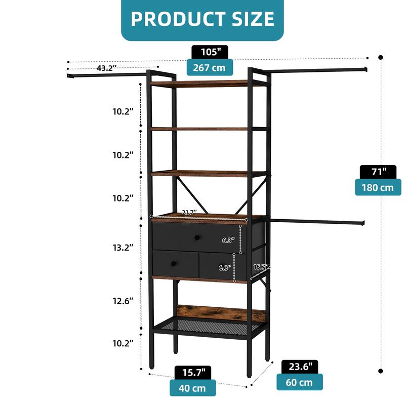 Wall-Mounted Clothing Storage Rack Multi-Functional Closet Organizer System with Adjustable Rods and Shelves