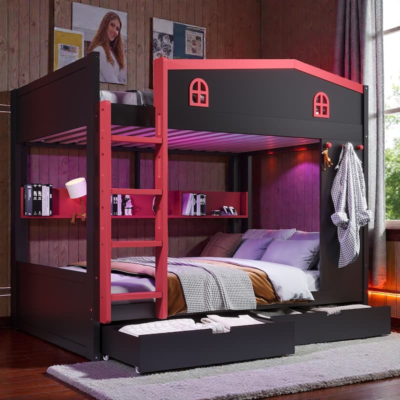 Queen Over Queen Solid Wood Bunk Bed with Storage Drawers and Shelves, Built In Hooks, No Box Spring