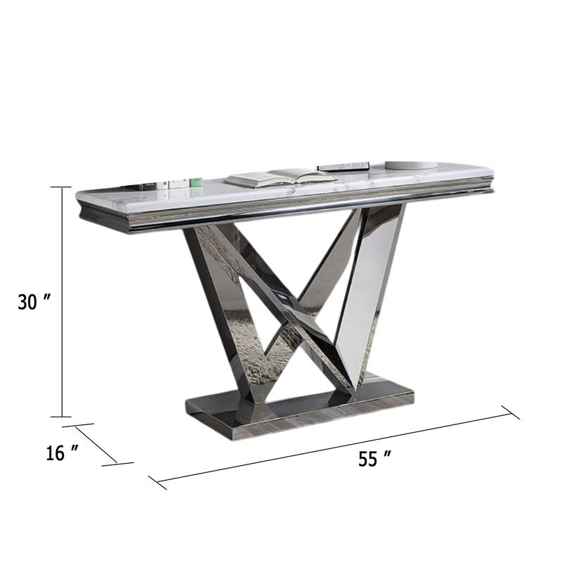 Vily Sofa Console Table, Beveled Faux Marble, Chrome Steel V-Base