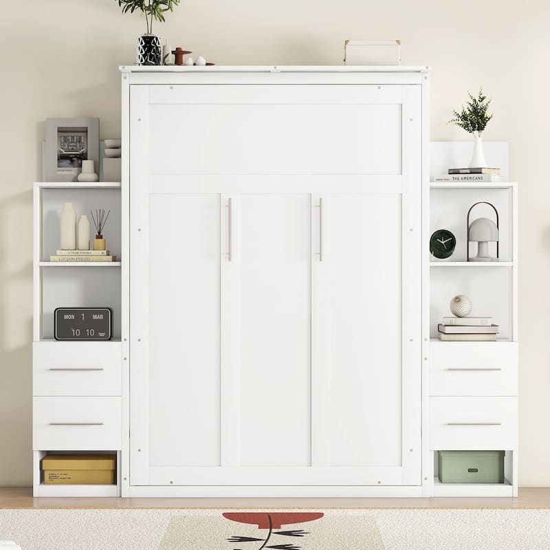 Full Size Murphy Bed Wall Bed with Shelves, Drawers and LED Lights,White