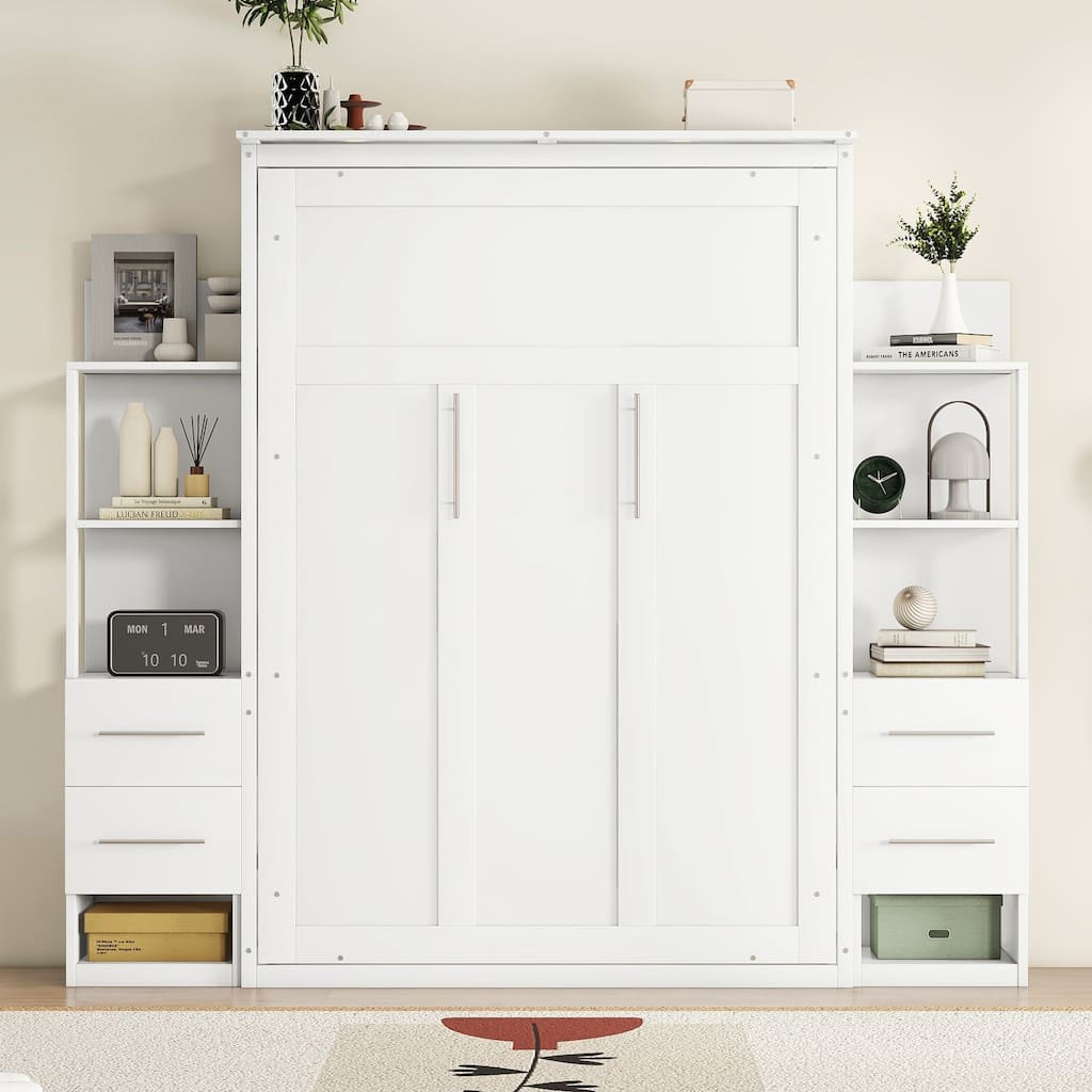 Murphy Bed Foldable Bed with Two 4-Layer Shelves Space Optimizing Wall Bed with 4 Drawers and LED Lights for Bedroom Apartment