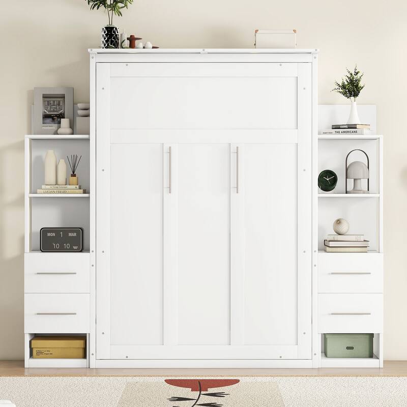 Space-Saving White Murphy Bed with Shelves, Drawers & LED Lights for Multi-Functional Rooms