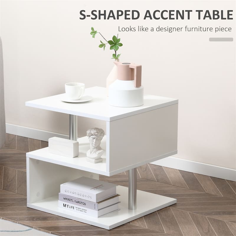 20" Accent Side Table, S-Shaped Coffee Table with Shelf & Steel Poles