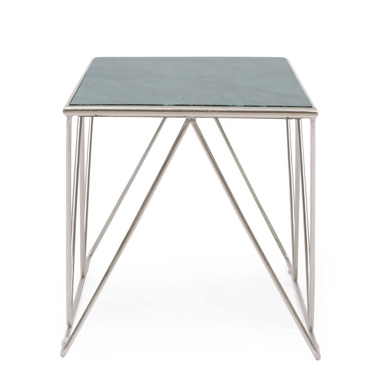 Roomfitters Modern Accent Coffee Table with Faux Green Marble Glass Top, Geometric Silver Metal Frame, Contemporary Style